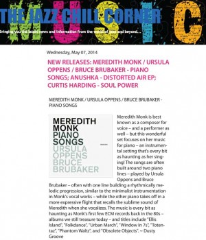 NEW RELEASES: MEREDITH MONK / URSULA OPPENS / BRUCE BRUBAKER – PIANO SONGS;
